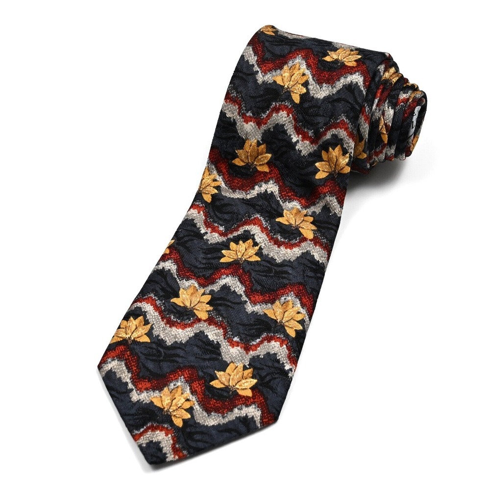 Ermenegildo Zegna Gold Red Gray Floral Geometric 100% Silk Neck Tie Designer